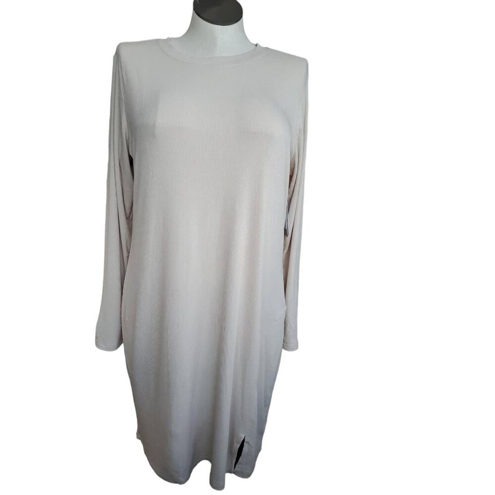 BP Women's Size 2X Long Sleeve Sweater Dress Beige Tan Ribbed With Walking Slits